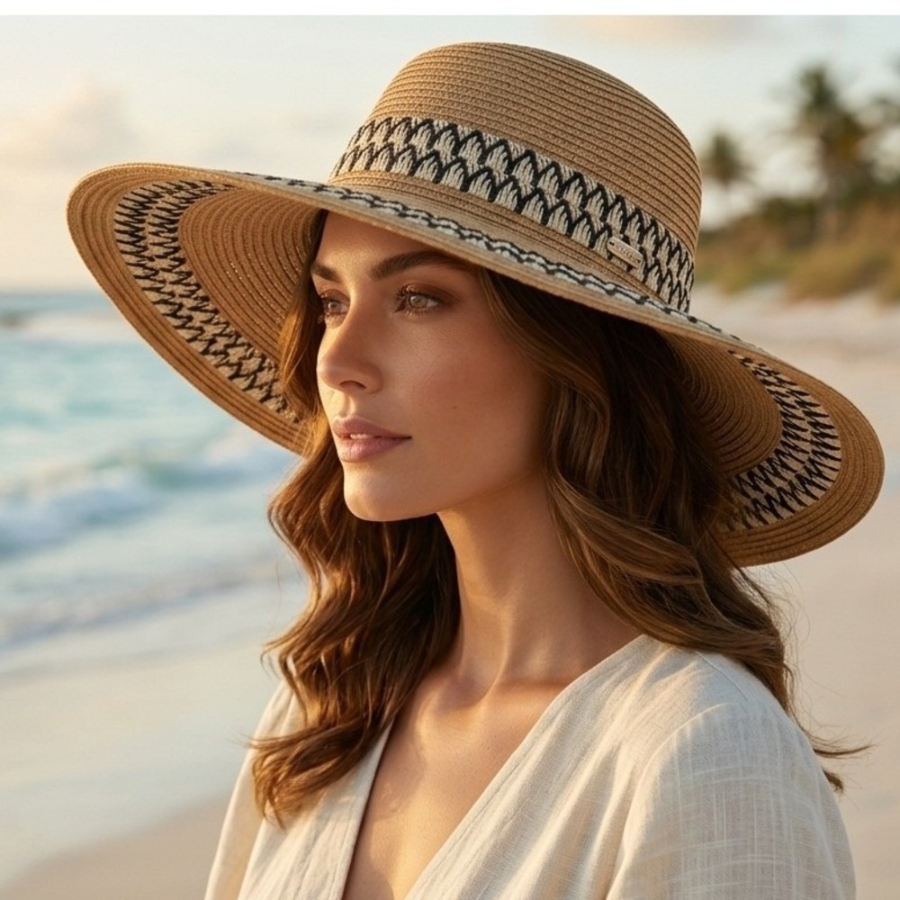 Amiani Tan Woven Paper Straw Wide Brim Sun Hat Black White Geometric Trim